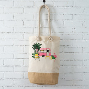 Flamingo Camper Market Bag Cotton Burlap Rope Handle Palm Tree Pineapple Pink