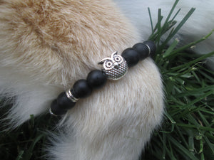 Lava Stone Jewelry Bracelet Silver Owl Smooth Matte Black Beaded